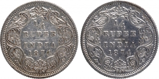 Silver Quarter Rupee Coin of Victoria Queen of Bombay Mint of 1874.