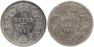 Silver Quarter Rupee Coins of Victoria Empress of Calcutta and Bombay Mint of 1882.