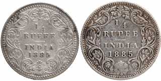 Silver Quarter Rupee Coins of Victoria Empress of Calcutta and Bombay Mint of 1885.