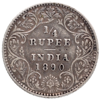 Silver Quarter Rupee Coin of Victoria Empress of Bombay Mint of 1890.