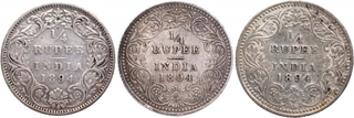 Silver Quarter Rupee Coins of Victoria Empress of Calcutta and Bombay Mint of 1894.