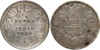 Silver Quarter Rupee Coins of Victoria Empress of Calcutta and Bombay Mint of 1894.