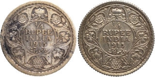 Silver Quarter Rupee Coins of King George V of Calcutta and Bombay Mint of 1915.