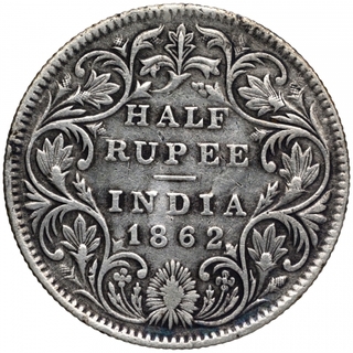 Silver Half Rupee Coin of Victoria Queen of Calcutta Mint of 1862.