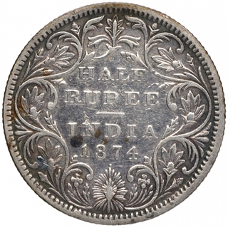 Silver Half Rupee Coin of Victoria Queen of Bombay Mint of 1874.