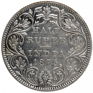 Silver Half Rupee Coin of Victoria Queen of Bombay Mint of 1875.