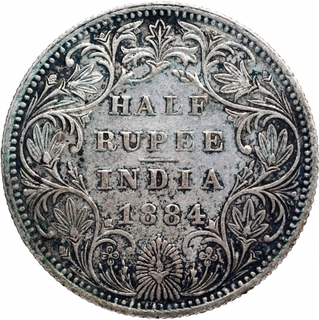 Silver Half Rupee Coin of Victoria Empress of Bombay Mint of 1884.