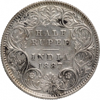 Silver Half Rupee Coin of Victoria Empress of Calcutta Mint of 1887.