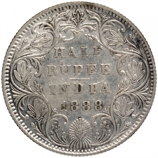 Silver Half Rupee Coin of Victoria Empress of Bombay Mint of 1888.