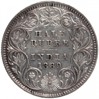 Silver Half Rupee Coin of Victoria Empress of Calcutta Mint of 1889.