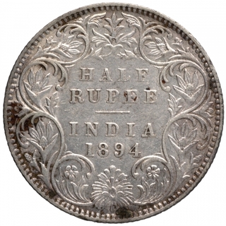 Silver Half Rupee Coin of Victoria Empress of Bombay Mint of 1894.