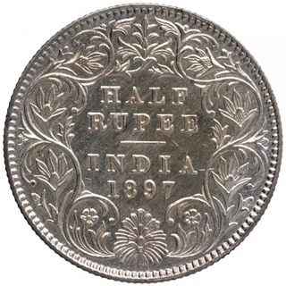 Silver Half Rupee Coin of Victoria Empress of Calcutta Mint of 1897.