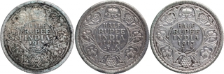 Silver Half Rupee Coin of King George V of Calcutta and Bombay Mint of 1913.