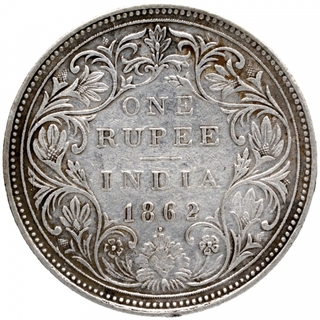 Silver One Rupee Coin of Victoria Queen of Bombay Mint of 1862.