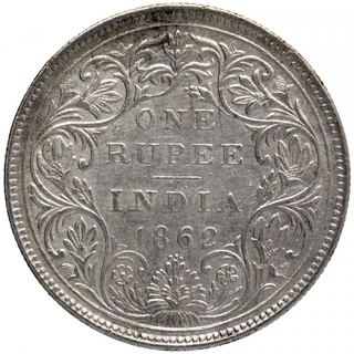 Silver One Rupee Coin of Victoria Queen of Bombay Mint of 1862.