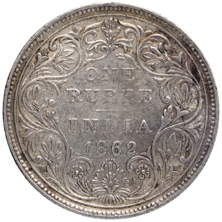 Silver One Rupee Coin of Victoria Queen of Bombay Mint of 1862.