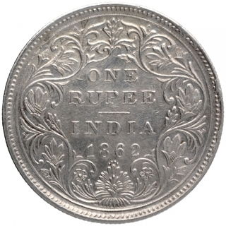 Silver One Rupee Coin of Victoria Queen of Bombay Mint of 1862.