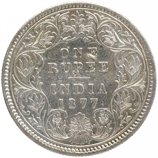 Silver One Rupee Coin of Victoria Empress of Calcutta Mint of 1877.