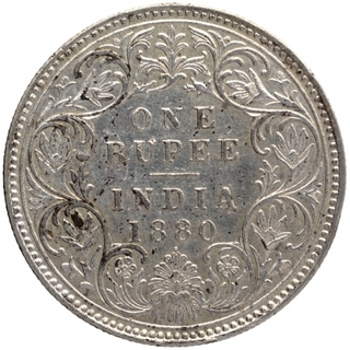 Silver One Rupee Coin of Victoria Empress of Bombay Mint of 1880.