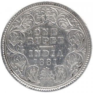 Silver One Rupee Coin of Victoria Empress of Calcutta Mint of 1881.