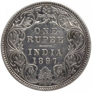 Silver One Rupee Coin of Victoria Empress of Bombay Mint of 1897.