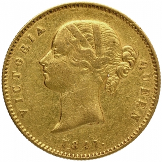 Gold One Mohur Coin of Victoria Queen of Calcutta Mint of 1841.