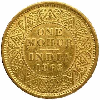 Gold One Mohur Coin of Victoria Queen of Calcutta Mint of 1862.