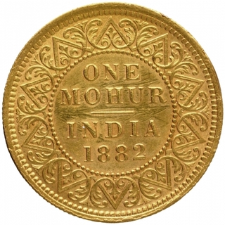 Gold One Mohur Coin of Victoria Empress of Calcutta Mint of 1882.