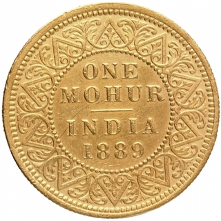 Gold One Mohur Coin of Victoria Empress of Calcutta Mint of 1889.