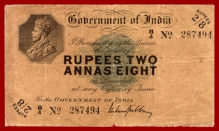 Two Rupees and Eight Annas Note of King George V Note Signed by M.M.S.Gubbay of 1918.