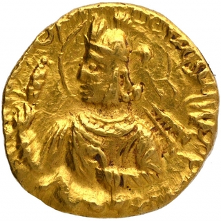 Gold One Quarter Dinar Coin of Huvishka of Kushan Dynasty of Mitra type.