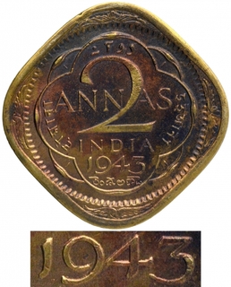 Nickel Brass Two Annas Coin of King George VI of Calcutta Mint of 1943.