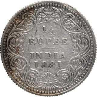 Silver Quarter Rupee Coin of Victoria Empress of Bombay Mint of 1881.