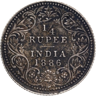 Silver Quarter Rupee Coin of Victoria Empress of Calcutta Mint of 1886.