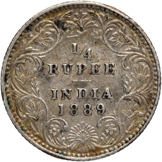 Silver Quarter Rupee Coin of Victoria Empress of Bombay Mint of 1889.