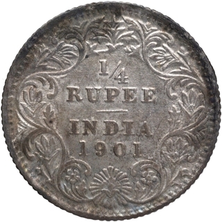 Silver Quarter Rupee Coin of Victoria Empress of Calcutta Mint of 1901.