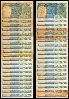 One Rupee Note Lot collection of 40 Notes of King George V signed by J.W.Kelly of 1935 of Rare Prefixes E, F, A, B, C and D.