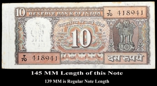 6 MM Extra length Paper in Ten Rupees Bank Note signed by R.N. Malhotra.