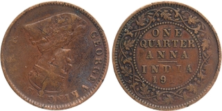 Die Rotated Copper One Quarter Anna Coin of King George V.