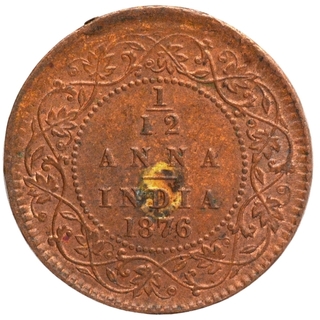 Copper One Twelfth Anna Coin of Victoria Queen of Calcutta Mint of 1876.