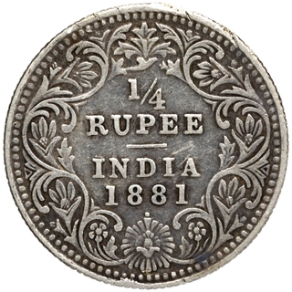 Silver Quarter Rupee Coin of Victoria Empress of Bombay Mint of 1881.