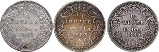 Silver Quarter Rupee Coins of Victoria Empress of Calcutta and Bombay Mint of 1885.