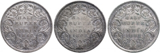 Silver Half Rupee Coins of Victoria Queen of Bombay Mint of 1862.