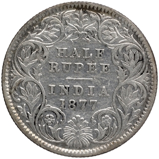 Silver Half Rupee Coin of Victoria Empress of Calcutta Mint of 1877.