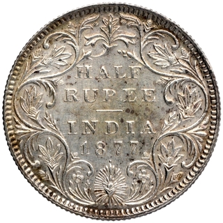 Silver Half Rupee Coin of Victoria Empress of Bombay Mint of 1877.