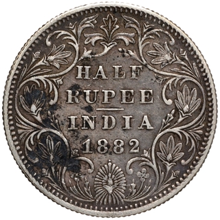 Silver Half Rupee Coin of Victoria Empress of Bombay Mint of 1882.