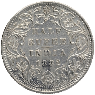 Silver Half Rupee Coin of Victoria Empress of Bombay Mint of 1882.