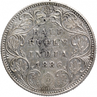 Silver Half Rupee Coin of Victoria Empress of Bombay Mint of 1886.