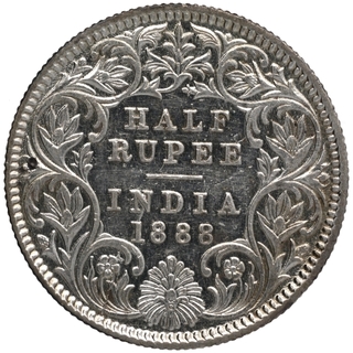 Silver Half Rupee Coin of Victoria Empress of Calcutta Mint of 1888