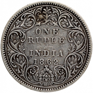 Silver One Rupee Coin of Victoria Queen of Bombay Mint of 1862.